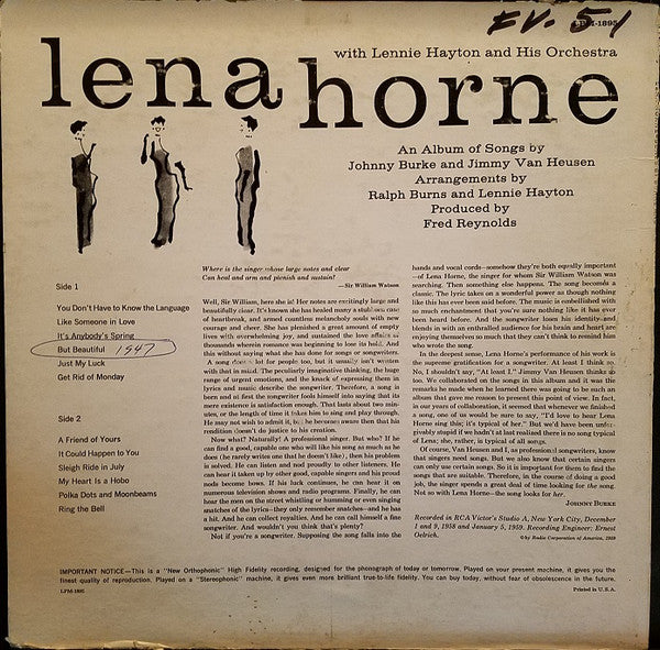 Lena Horne : Songs By Burke And Van Heusen (LP)