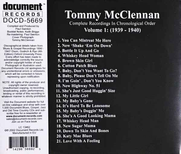 Tommy McClennan : Complete Recordings In Chronological Order - Volume 1: 1939 - 1940 (CDr, Comp, RE, RM)