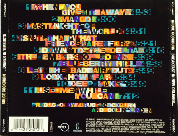 Bruce Cockburn : Breakfast In New Orleans.....Dinner In Timbuktu (CD, Album)