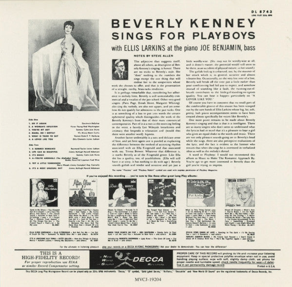 Beverly Kenney : Sings For Playboys (CD, Album, Mono, RE, RM)