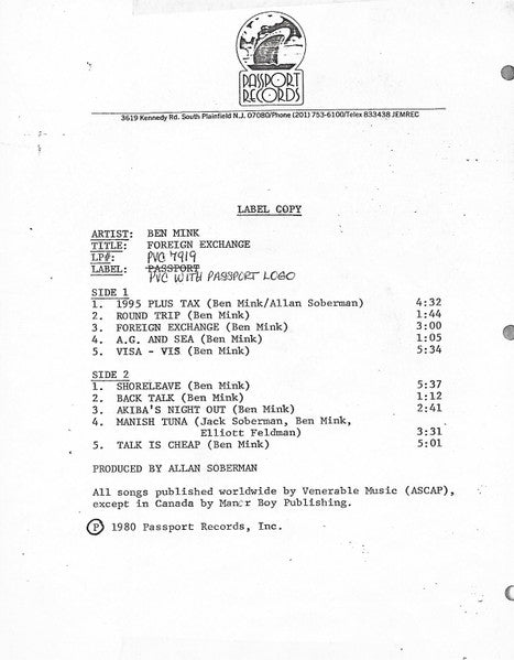 Ben Mink : Foreign Exchange (LP, Album, TP)
