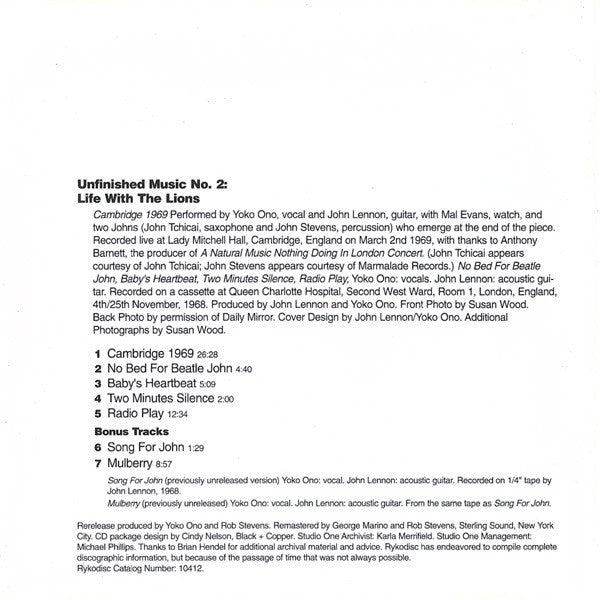 John Lennon & Yoko Ono : Unfinished Music No. 2: Life With The Lions (CD, Album, Num, RE, RM)