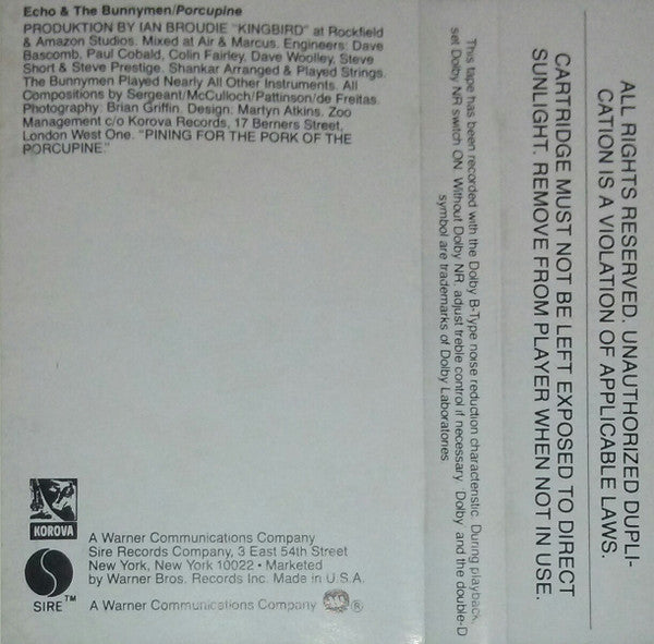 Echo & The Bunnymen : Porcupine (Cass, Album, No )