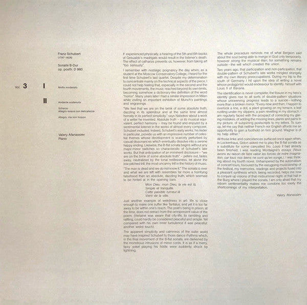 Gidon Kremer / Franz Schubert / Valery Afanassiev : Edition Lockenhaus Vol. 3 / Sonate B-Dur Op. Posth. D 960 (LP)