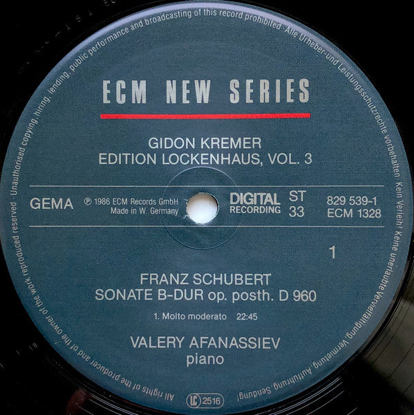 Gidon Kremer / Franz Schubert / Valery Afanassiev : Edition Lockenhaus Vol. 3 / Sonate B-Dur Op. Posth. D 960 (LP)