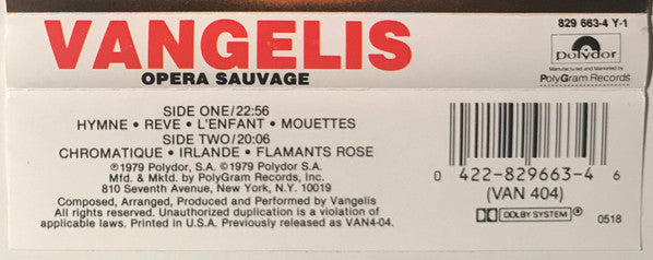Vangelis : Opera Sauvage (Cass, Album, RE, 72,)