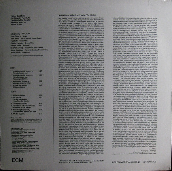 Heiner Goebbels / Heiner Müller : The Man In The Elevator (Der Mann Im Fahrstuhl) (LP, Album, Promo, Smplr)