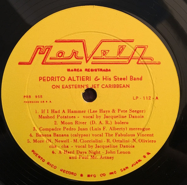 Pedrito Altieri And His Happy Steel Band : On Eastern Airlines Caribbean Jets (Number One To The Sun) (LP, Album, Yel)