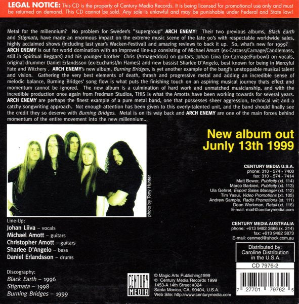 Arch Enemy : Burning Bridges (CD, Album, Promo, Car)