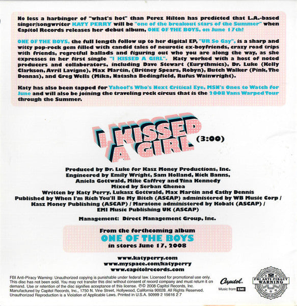 Katy Perry : I Kissed A Girl (CD, Single, Promo)