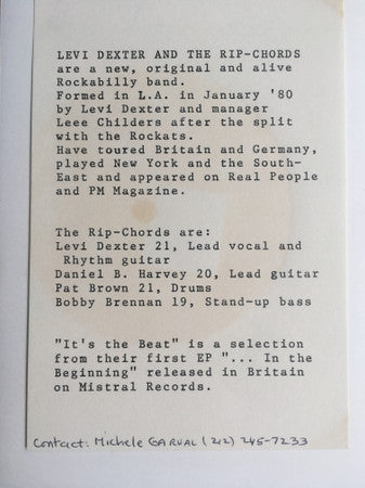 Levi Dexter & The Ripchords : It's The Beat (7", S/Sided, Single, Promo)