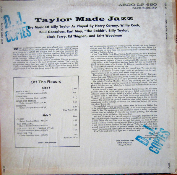Billy Taylor : Taylor Made Jazz (LP, Album, Mono, Promo, Mul)