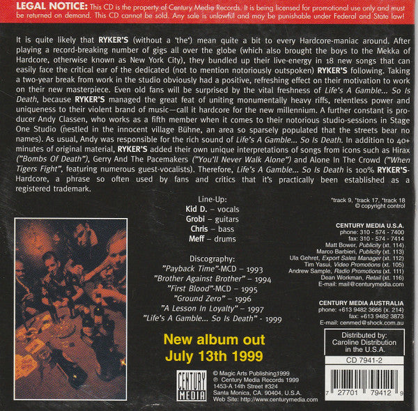 Ryker's : Life's A Gamble... (CD, Album, Promo)