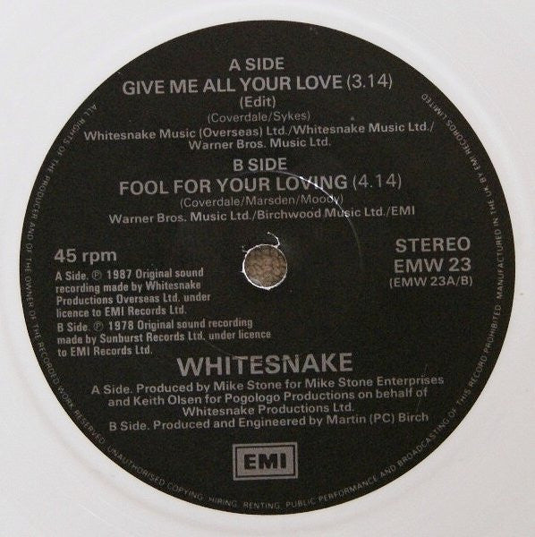 Whitesnake : Give Me All Your Love (7", Single, S/Edition, Whi)