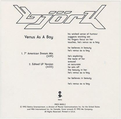 Björk : Venus As A Boy (CD, Single, Promo)