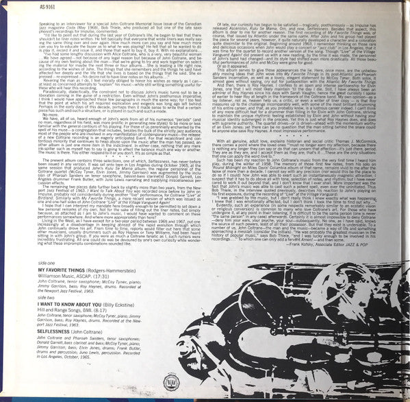 John Coltrane : Selflessness Featuring My Favorite Things (LP, Album, RE, Gat)