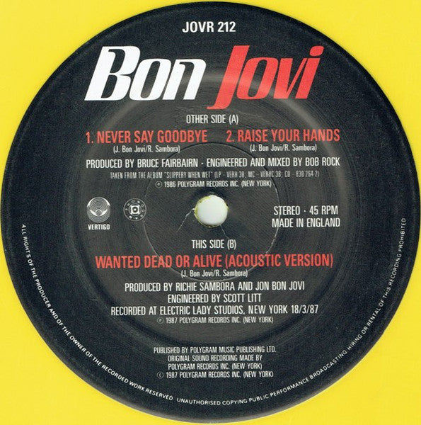 Bon Jovi : Never Say Goodbye (12", Single, Ltd, Yel)