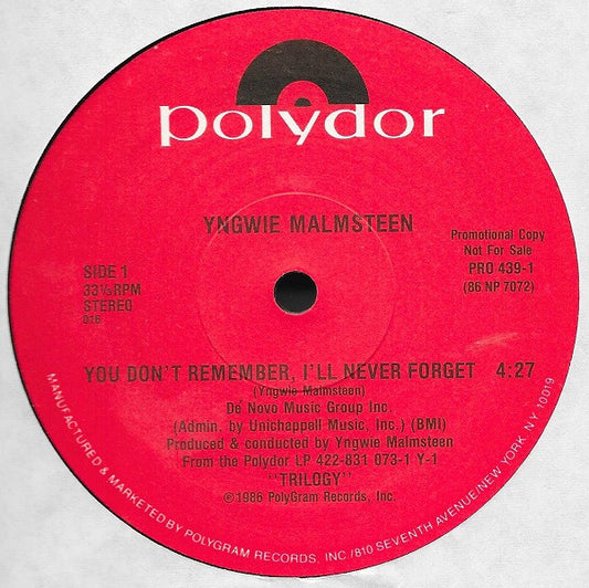 Yngwie Malmsteen : You Don't Remember, I'll Never Forget (12", Promo)