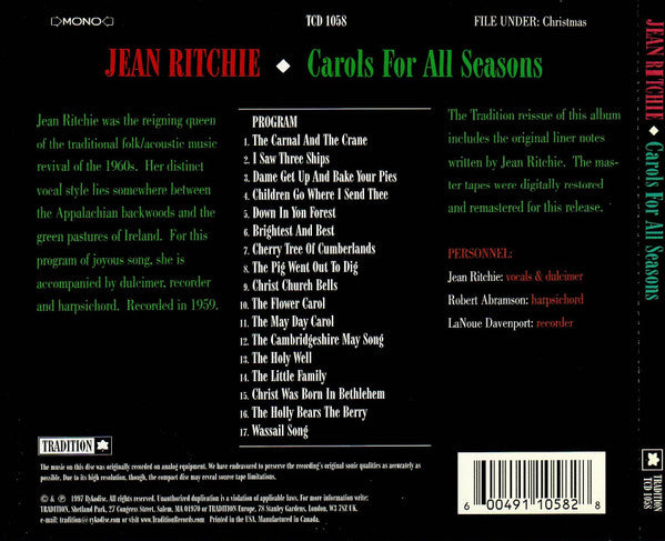 Jean Ritchie : Carols For All Seasons (CD, Album, Mono, RE, RM)