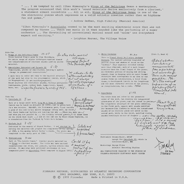 Ilhan Mimaroglu : Wings Of The Delirious Demon And Other Electronic Works (LP, Album, Pre)