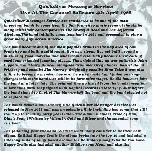 Quicksilver Messenger Service : Live At The Carousel Ballroom, San Francisco, 4th April 1968 (2xCD, Album)