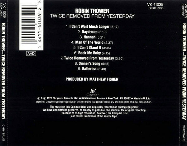 Robin Trower : Twice Removed From Yesterday (CD, Album, RE)