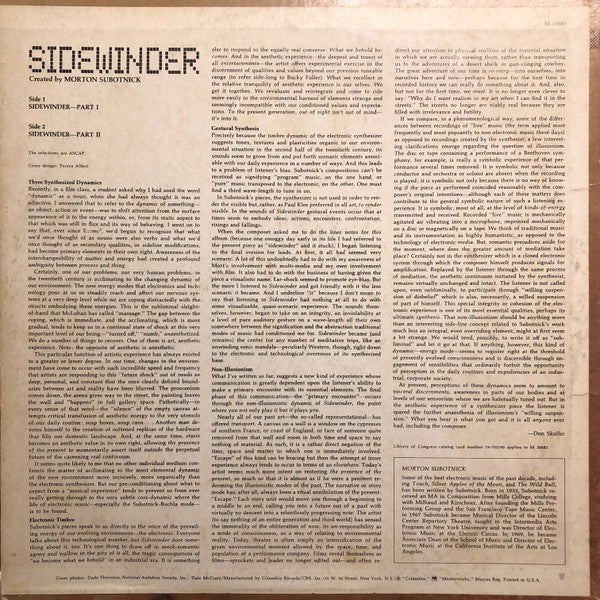 Morton Subotnick : Sidewinder (LP, Album, RP, Pit)