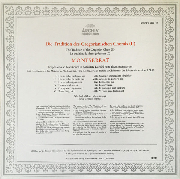 Schola De Montserrat*, Pater Gregori Estrada* : Gregorianischer Choral = Gregorian Chant = Chant Grégorien (Benediktiner-Kloster = Benedictine Monastery = Monastère Des Bénédictins Montserrat) (LP, RE)