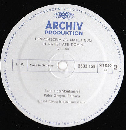 Schola De Montserrat*, Pater Gregori Estrada* : Gregorianischer Choral = Gregorian Chant = Chant Grégorien (Benediktiner-Kloster = Benedictine Monastery = Monastère Des Bénédictins Montserrat) (LP, RE)