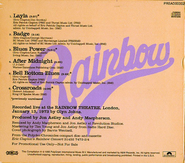 Eric Clapton : Selections From Eric Clapton's Rainbow Concert (CD, Promo, RE, RM, Smplr, Dig)