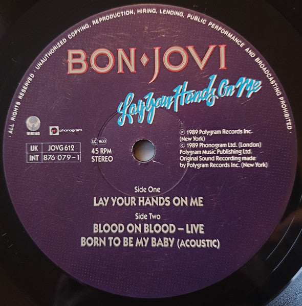 Bon Jovi : Lay Your Hands On Me (12", Num, Gat)
