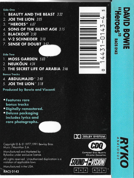 David Bowie : "Heroes" (Cass, Album, RE, RM)