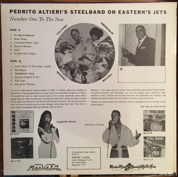 Pedrito Altieri And His Happy Steel Band : On Eastern Airlines Caribbean Jets (Number One To The Sun) (LP, Album, Yel)
