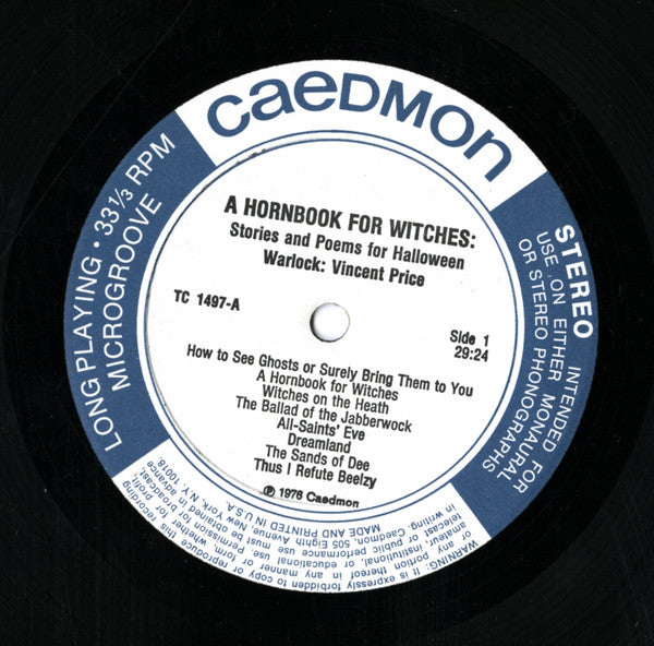 Vincent Price (2) : A Hornbook For Witches, Stories And Poems For Halloween (LP)