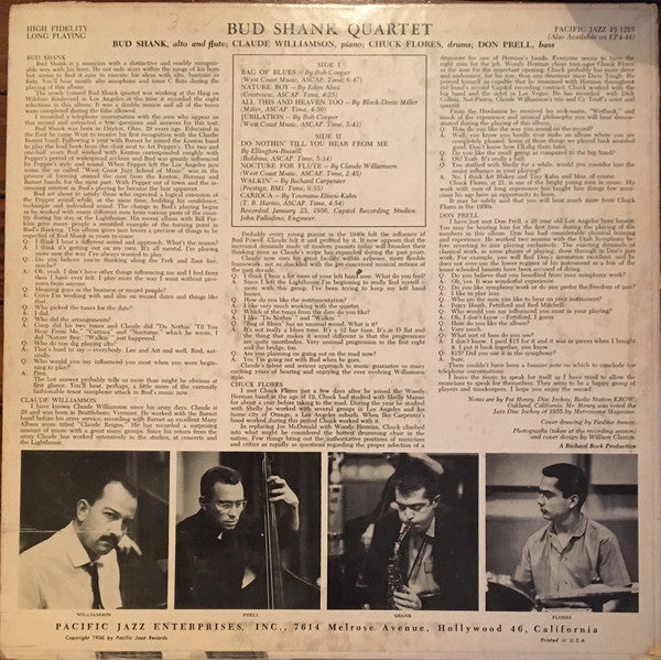 Bud Shank Quartet Featuring Claude Williamson : Bud Shank (LP, Album, Mono)