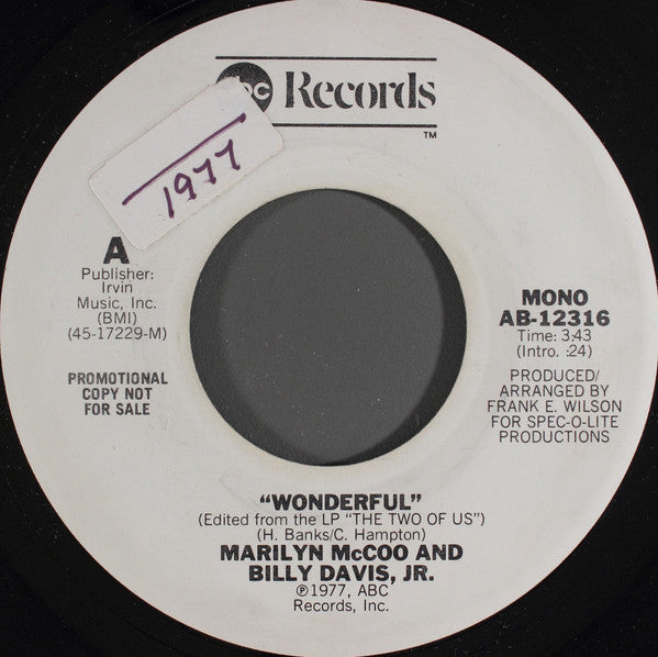 Marilyn McCoo & Billy Davis Jr. : Wonderful (7", Single, Mono, Promo)