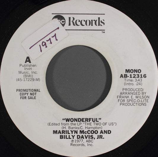 Marilyn McCoo & Billy Davis Jr. : Wonderful (7", Single, Mono, Promo)
