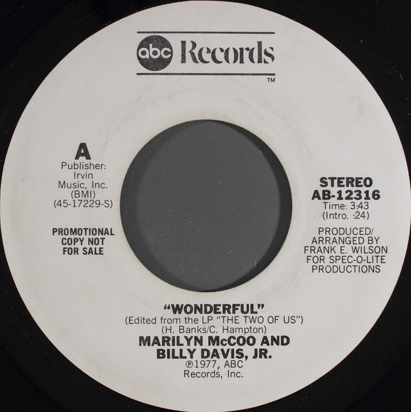 Marilyn McCoo & Billy Davis Jr. : Wonderful (7", Single, Mono, Promo)