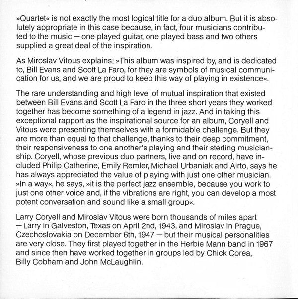Larry Coryell, Miroslav Vitous : Quartet - Dedicated To Bill Evans And Scott La Faro (CD, Album)