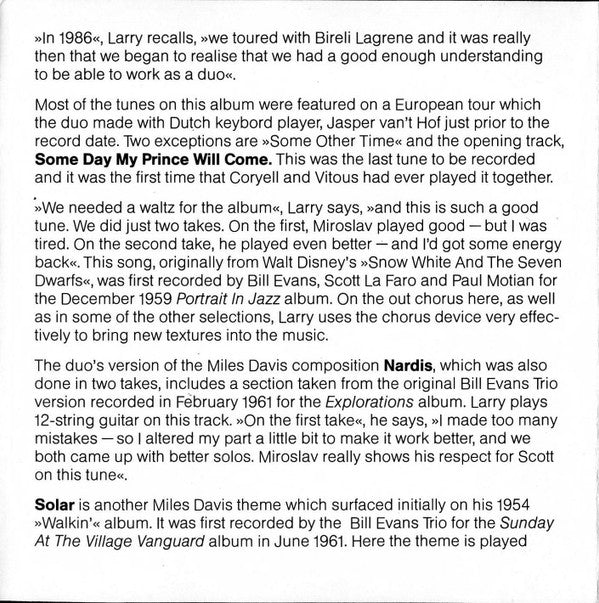 Larry Coryell, Miroslav Vitous : Quartet - Dedicated To Bill Evans And Scott La Faro (CD, Album)