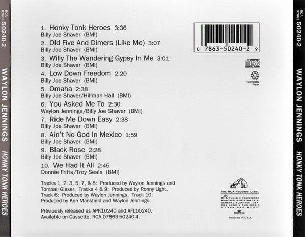 Waylon Jennings : Honky Tonk Heroes (CD, Album, RE)