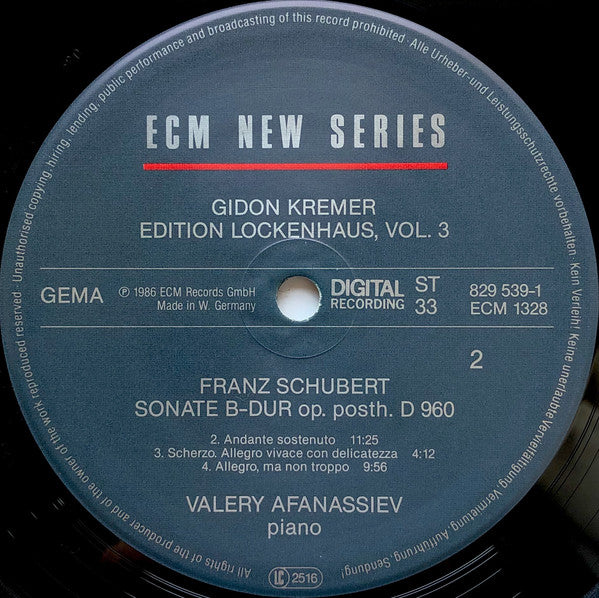 Gidon Kremer / Franz Schubert / Valery Afanassiev ‎– Edition Lockenhaus Vol. 3 / Sonate B-Dur Op. Posth. D 960